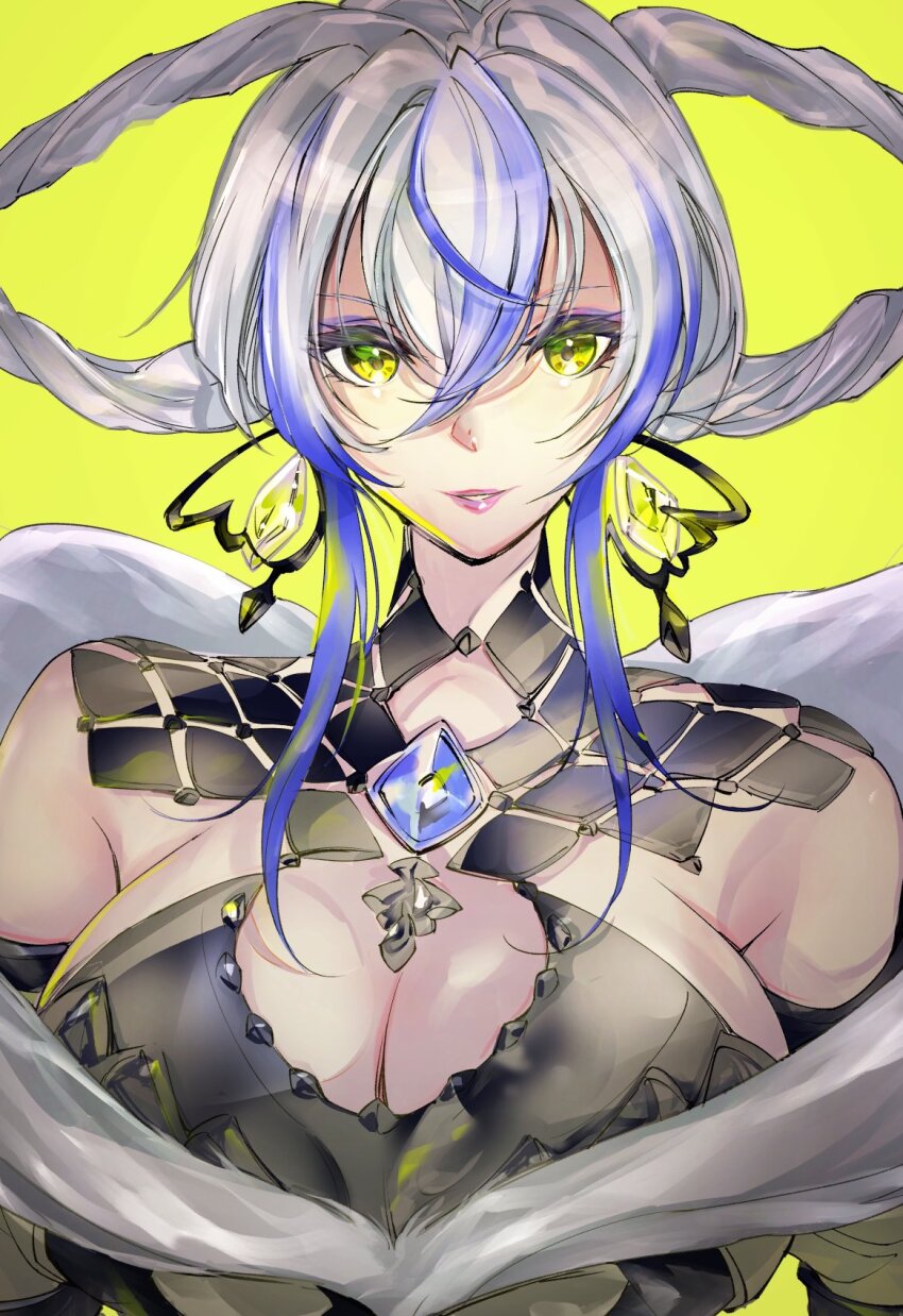 1girl, blue_hair, breasts, cleavage, earrings, fur_trim, gradient_hair, grey_hair, hair_rings, highres, jewelry, large_breasts, lipstick, makeup, masha_(xenoblade), multicolored_hair, ug333333, xenoblade_chronicles_(series), xenoblade_chronicles_3, yellow_background, yellow_eyes