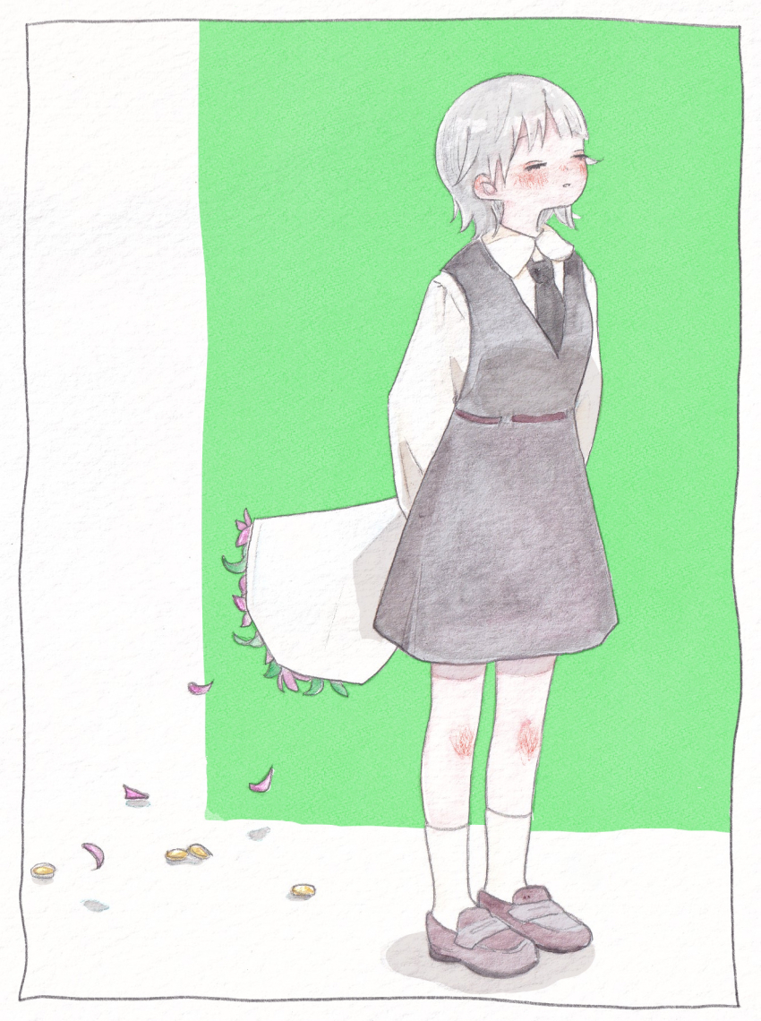 1girl, arms_behind_back, belt, black_dress, black_necktie, blush, border, bouquet