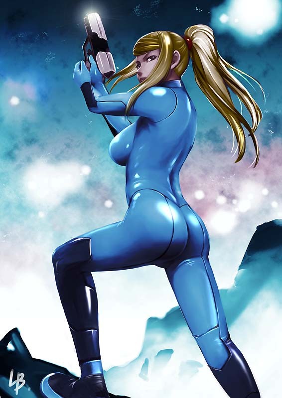 1girl, ass, blonde_hair, bodysuit, brown_eyes, female_focus, gun, hairband, handgun, latex, lb, long_hair, looking_back, metroid, nintendo, pistol, ponytail, samus_aran, solo, weapon, zero_suit
