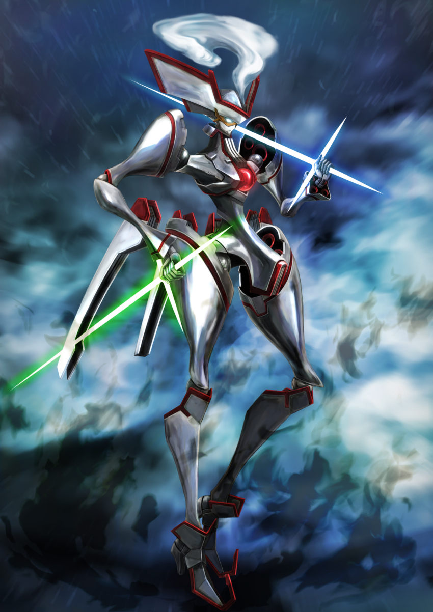 dual_wielding, energy_sword, full_body, hand_on_own_hip, highres, holding, mecha, no_humans