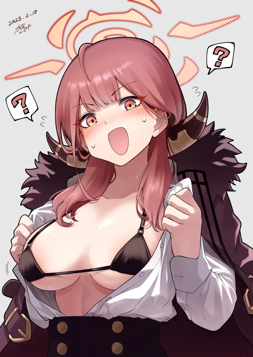:d, ?, absurdres, aru_(blue_archive), bikini, blue_archive, breasts, coat, fur_trim, gashitani, highres, horns, large_breasts, open_clothes, open_mouth, orange_eyes, shirt, smile, speech_bubble, sweatdrop, swimsuit, thought_bubble, underboob, upper_body, white_shirt
