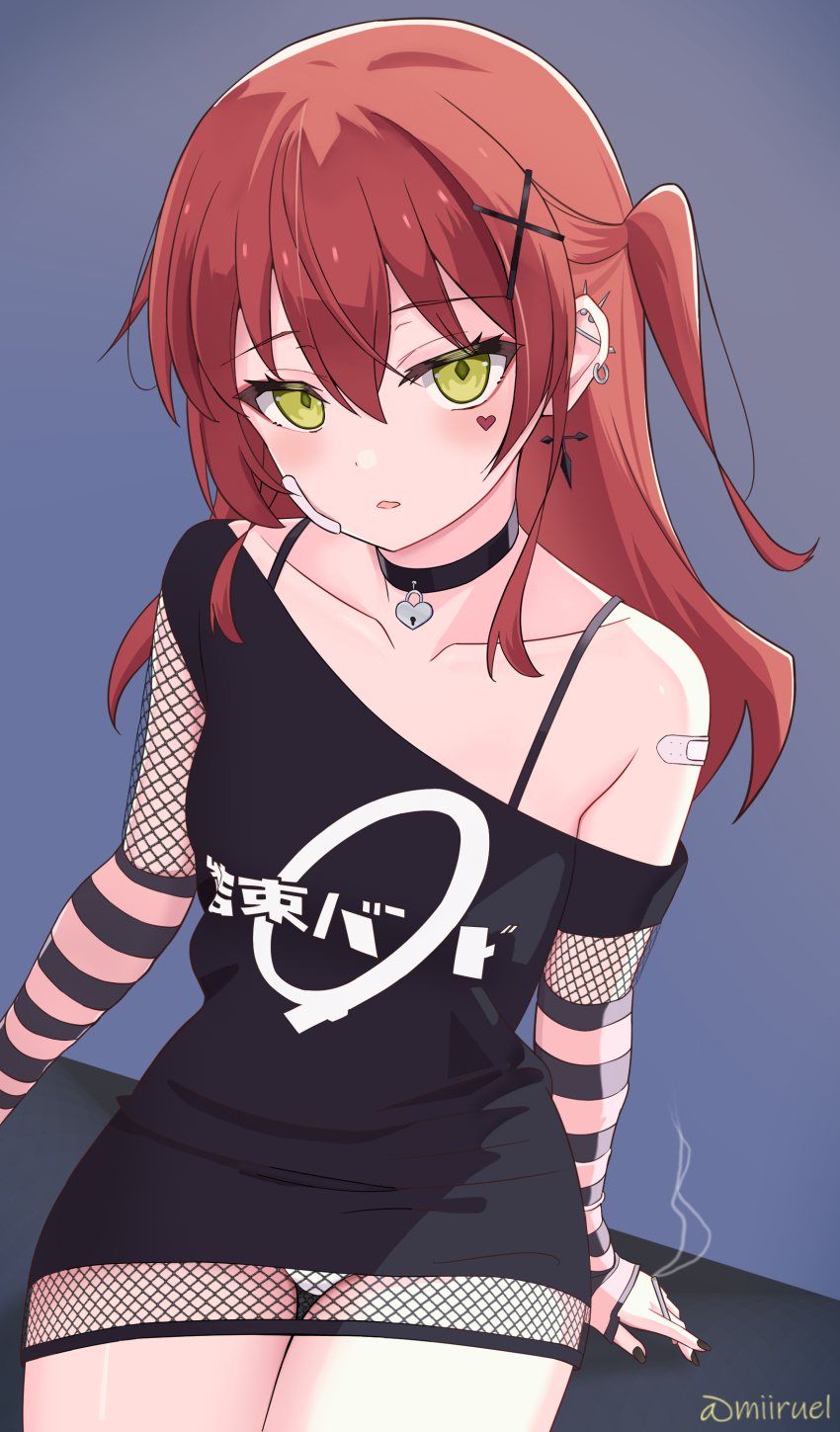 1girl, absurdres, alternate_costume, alternate_hairstyle, alternate_universe, arm_support, bandaid, bandaid_on_cheek