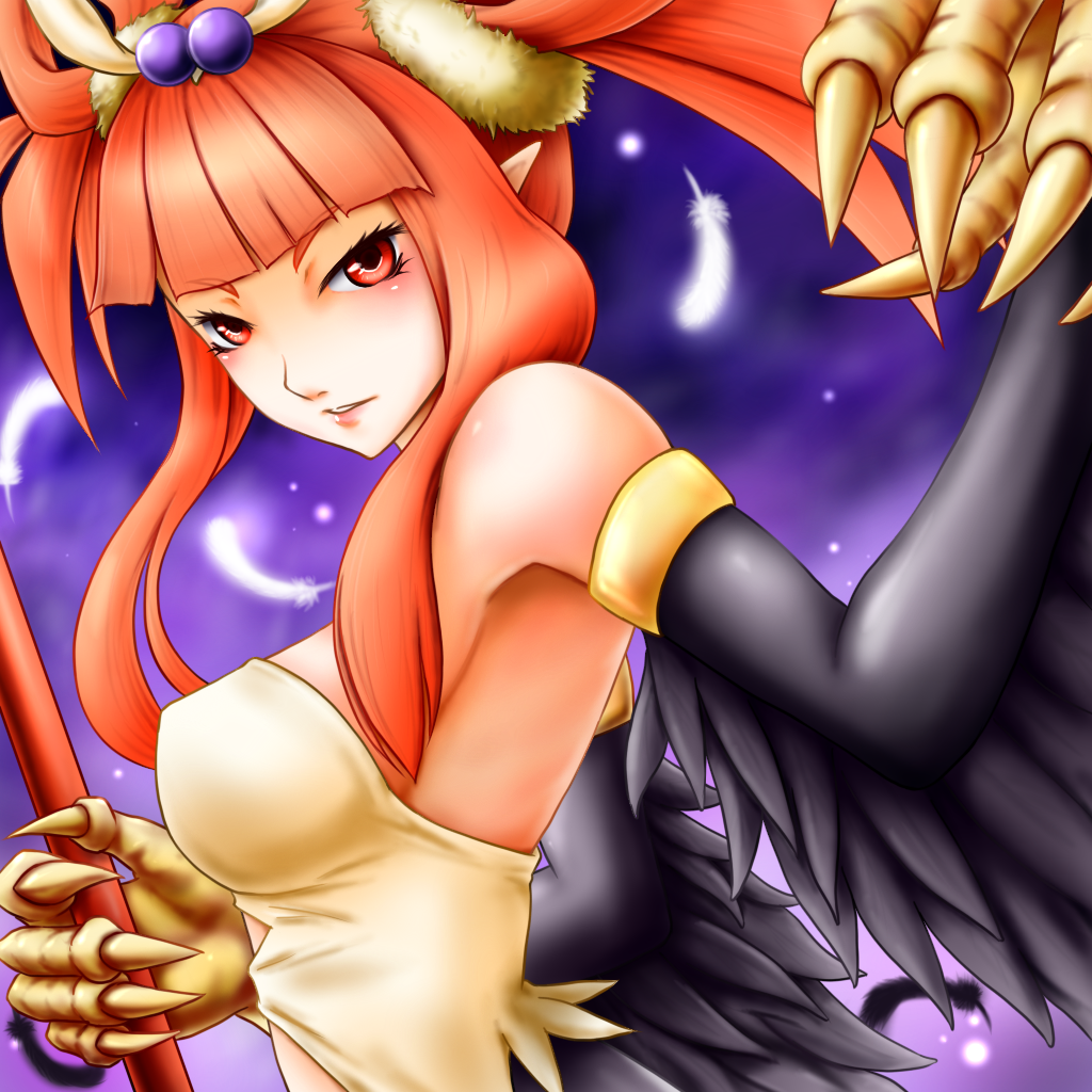 1girl, bare_shoulders, black_wings, blunt_bangs, breasts, claws, duel_monster, feathered_wings