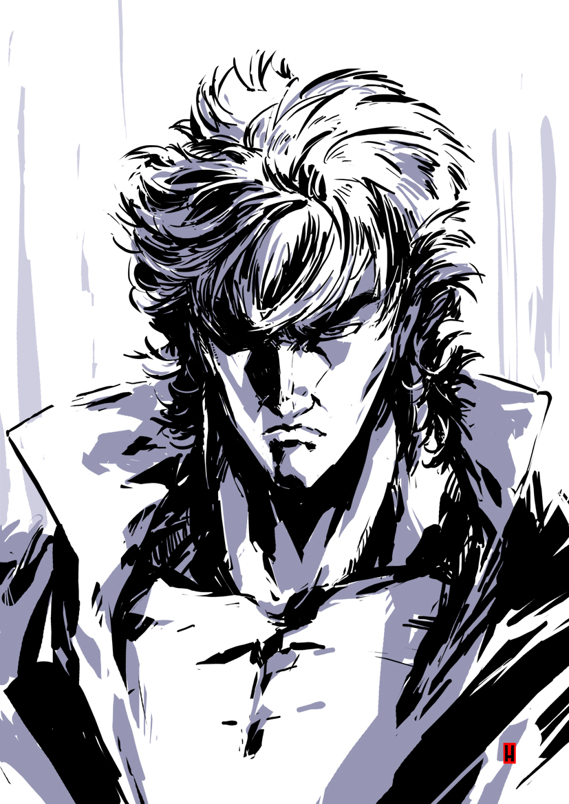 1boy, closed_mouth, frown, greyscale, harymachinegun, hokuto_no_ken, jacket, kenshiro