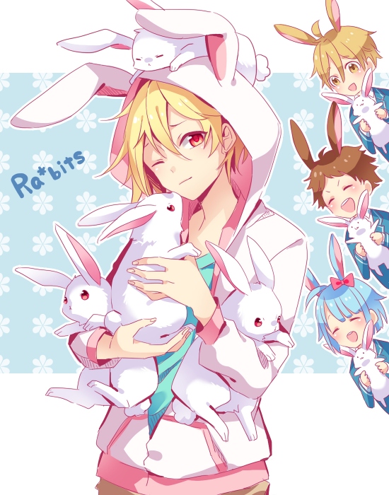 4boys, :d, ^_^, ahoge, animal, animal_ears, animal_hood, aqua_shirt