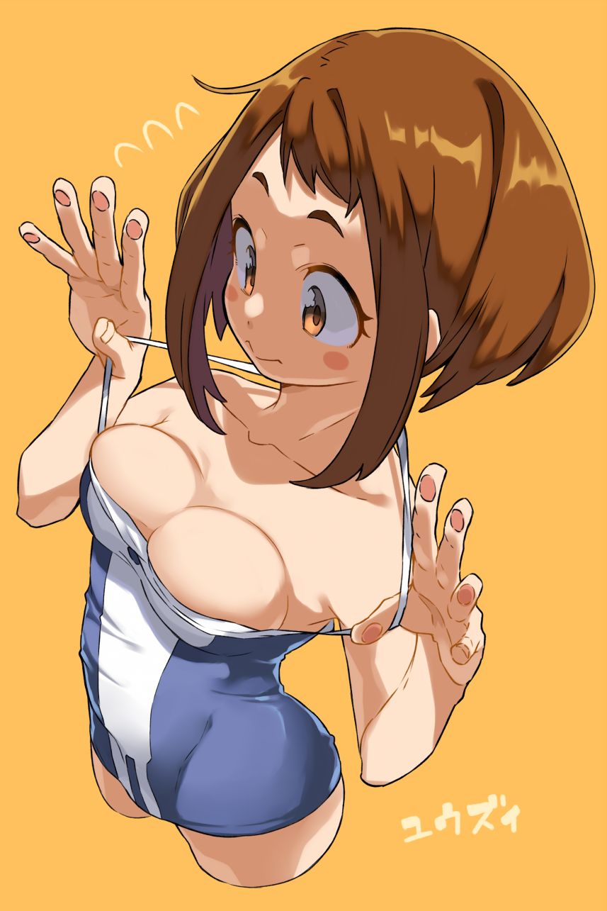1girl, boku_no_hero_academia, breast_press, breasts, brown_eyes, brown_hair, closed_mouth, clothes_pull, highres, medium_breasts, one-piece_swimsuit, short_hair, sidelocks, simple_background, skindentation, solo, swimsuit, uraraka_ochako, white_background, yuuzii