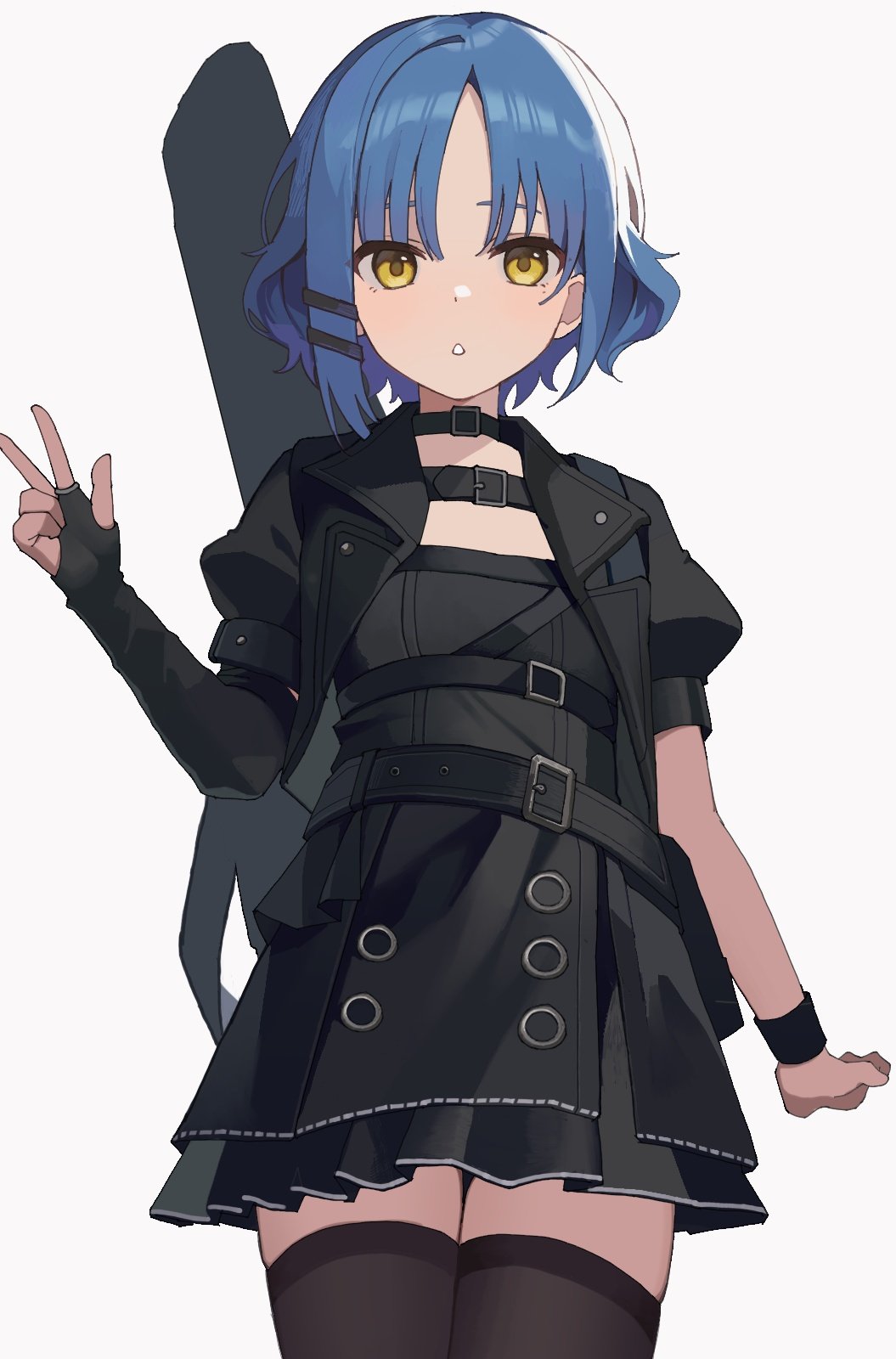 1girl, armband, belt, black_belt, black_choker, black_dress, black_jacket, black_thighhighs