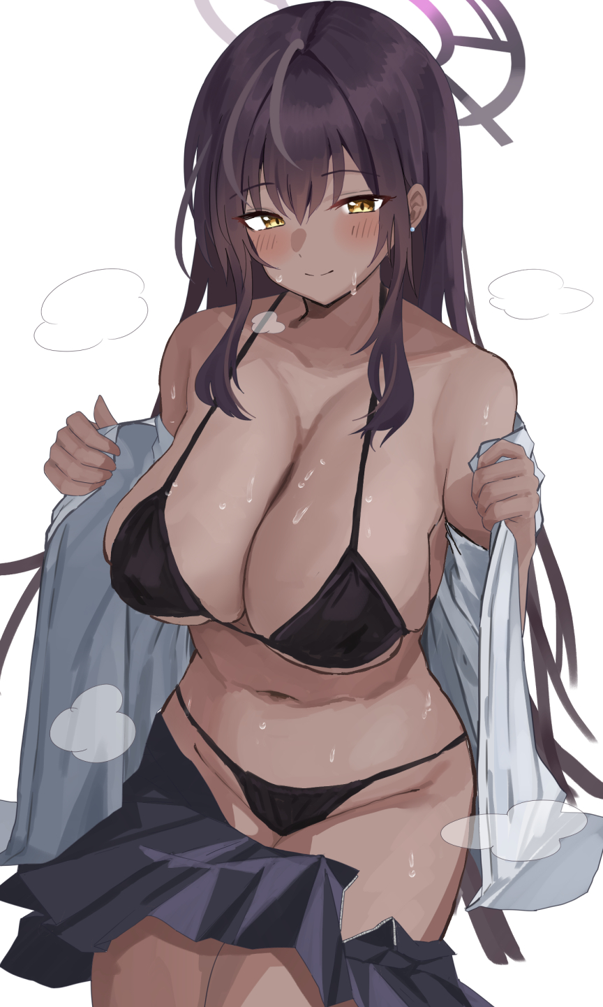 1girl, bikini, black_bikini, blue_archive, blush, breasts, brown_eyes, cleavage