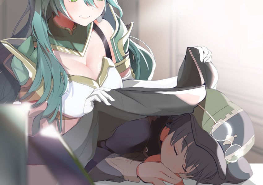 1boy, 1girl, absurdres, aqua_hair, armor, baseball_cap, black_hair, blanket, braid, breastplate, breasts, child, chloe_(fire_emblem), cleavage, closed_eyes, fire_emblem, fire_emblem_engage, glass, green_eyes, hat, highres, jean_(fire_emblem), large_breasts, long_hair, looking_at_another, nintendo, okun0325, pegasus_knight_uniform_(fire_emblem), shoulder_armor, side_braid, sleeping, smile
