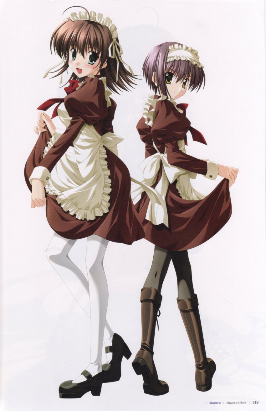 2girls, absurdres, ahoge, alternate_costume, apron, aqua_eyes, black_pantyhose, blush