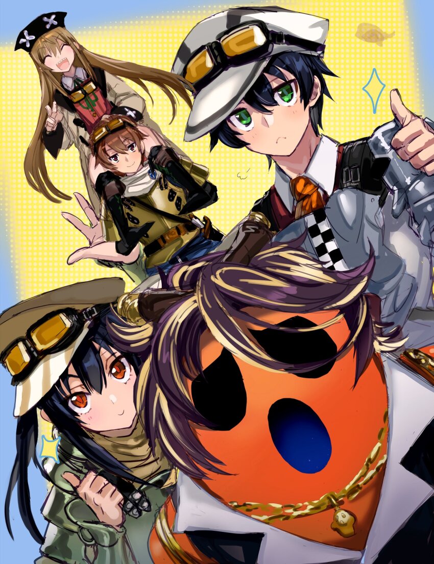 2boys, 2girls, armor, black_footwear, black_hair, black_headwear, brown_eyes, brown_hair, brown_headwear, chain, closed_eyes, el_mofus, el_mofus_(black_hair_female), el_mofus_(black_hair_male), el_mofus_(brown_hair_female), el_mofus_(brown_hair_male), goggles, goggles_around_neck, goggles_on_head, goggles_on_headwear, gold_chain, green_eyes, hat, highres, long_hair, multiple_boys, multiple_girls, necktie, on_shoulder, orange_eyes, orange_necktie, rance_(series), rance_x, red_shirt, scarf, shirt, short_hair, simple_background, thumbs_up, twintails, white_armor, white_headwear, yanazuri_(kimossari337), yellow_armor