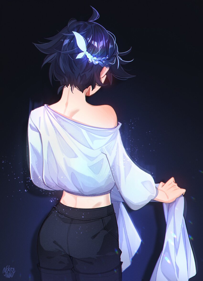 1boy, alternate_costume, black_hair, black_pants, blue_hair, braid, commentary, english_commentary, from_behind, genshin_impact, glowing, glowing_hair, highres, long_sleeves, male_focus, multicolored_hair, nekojinnyart, off_shoulder, pants, shirt, side_braid, signature, simple_background, solo, trap, venti_(genshin_impact)