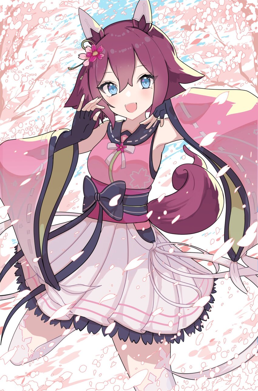 1girl, :d, animal_ears, birthday, black_gloves, blue_eyes, cherry_blossoms, detached_sleeves