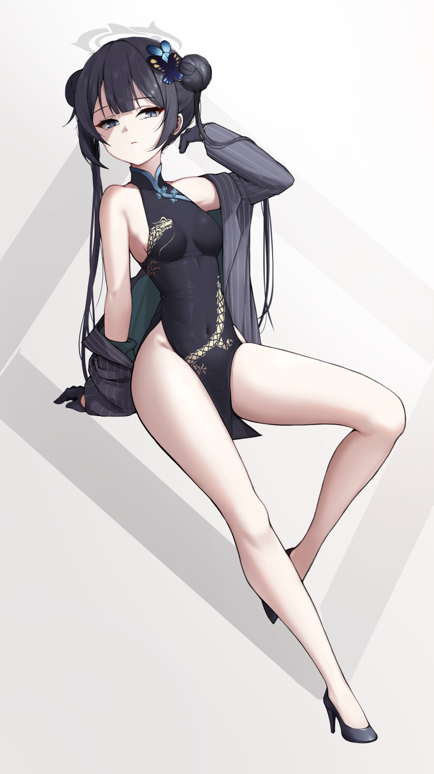 1girl, absurdres, black_hair, black_shoes, blue_archive, blue_butterfly, braid, breasts