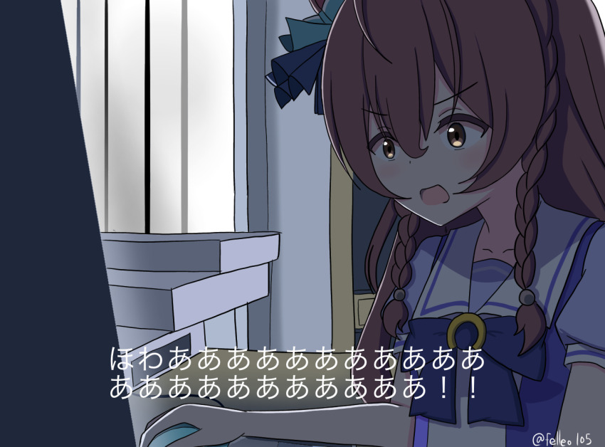 angry_german_kid, bow, bowtie, braid, brown_hair, derivative_work, felleo105, horse_girl