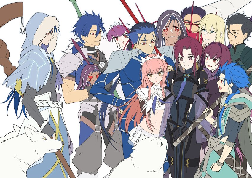 4girls, 6+boys, bazett_fraga_mcremitz, black_bodysuit, black_hair, blonde_hair, blue_eyes, blue_hair