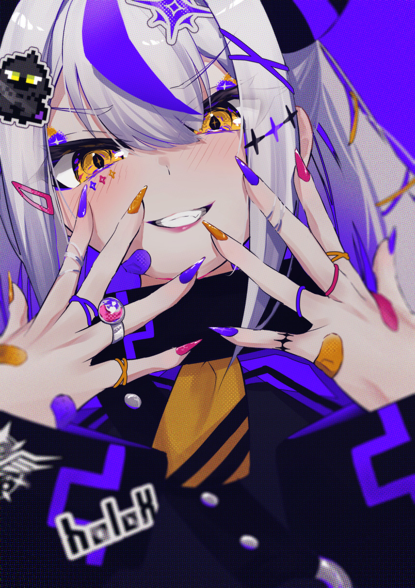1girl, absurdres, bandaid, bandaid_on_face, bandaid_on_hand, buttons, close-up, coat, collar, crow_(la+_darknesss), demon_girl, demon_horns, fingernails, grey_hair, grin, hair_between_eyes, hair_ornament, hairclip, halftone, halftone_background, highres, hololive, holox, horns, jewelry, la+_darknesss, la+_darknesss_(1st_costume), lips, long_hair, long_sleeves, looking_at_viewer, mika_pikazo_(style), multicolored_hair, nail_polish, neckerchief, pink_nails, pixel_art, portrait, purple_background, purple_coat, purple_hair, purple_nails, ring, rubber_band, sharp_fingernails, sleeves_past_wrists, smile, solo, spread_fingers, streaked_hair, striped_horns, tppo, virtual_youtuber, yellow_eyes, yellow_nails, yellow_neckerchief