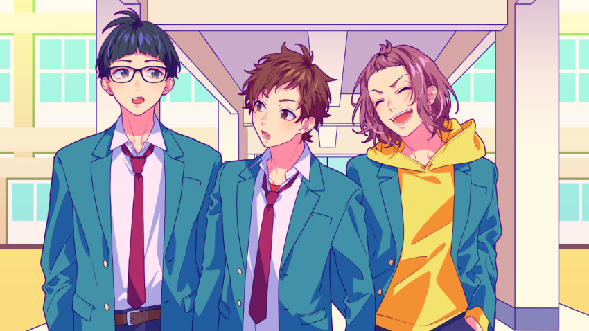 3boys, ahoge, arm_at_side, arms_at_sides, belt, belt_buckle, black-framed_eyewear, black_eyes, black_hair, blazer, blue_jacket, blue_pants, bowl_cut, brown_belt, brown_eyes, brown_hair, brown_shirt, buckle, building, buttons, closed_eyes, collarbone, collared_shirt, commentary_request, day, enomoto_koutarou, facing_another, glasses, hair_ornament, hair_slicked_back, hallway, hand_in_pocket, honeyworks, hood, hood_down, hoodie, jacket, kokuhaku_jikkou_iinkai, lapels, long_sleeves, looking_at_another, looking_to_the_side, loose_necktie, lower_teeth_only, male_focus, multiple_boys, necktie, nostrils, notched_lapels, open_clothes, open_collar, open_jacket, open_mouth, outdoors, pants, pocket, red_necktie, school, school_uniform, shibasaki_ken, shirt, shirt_tucked_in, short_hair, smile, t-shirt, teeth, unbuttoned, upper_body, upper_teeth_only, white_shirt, window, x_hair_ornament, yamako_(state_of_children), yamamoto_koudai, yellow_hoodie