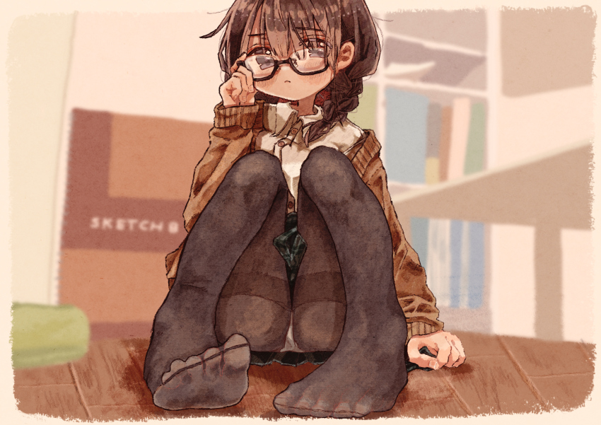 1girl, absurdres, adjusting_eyewear, arm_up, black_eyes, blush, braid, brown_hair, commentary_request, dress_shirt, english_text, glasses, green_skirt, highres, kamizakana_iriko, long_sleeves, looking_at_viewer, medium_hair, original, panties, panties_over_pantyhose, pantyhose, plaid_clothes, plaid_skirt, semi-rimless_eyewear, shirt, single_braid, sitting, skirt, solo, sweater, thighband_pantyhose, underwear, white_shirt