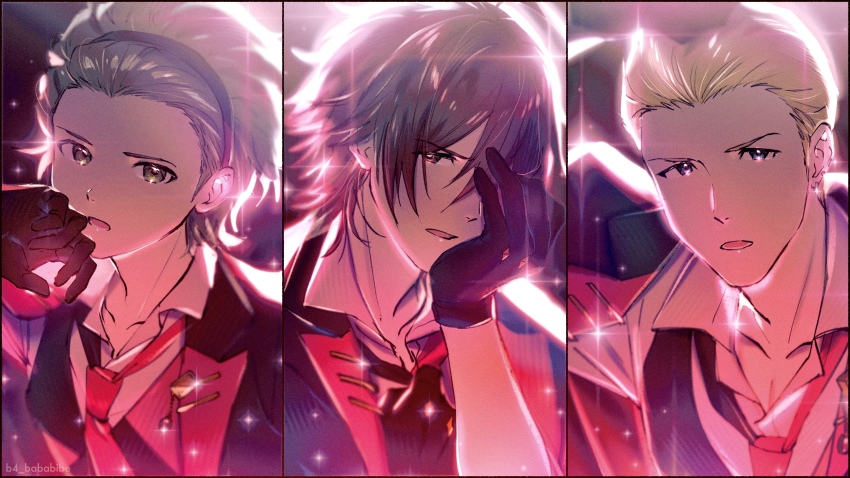 3boys, amagase_touma, b4_bababibe, black_gloves, black_hairband, blonde_hair, blue_eyes, brown_eyes