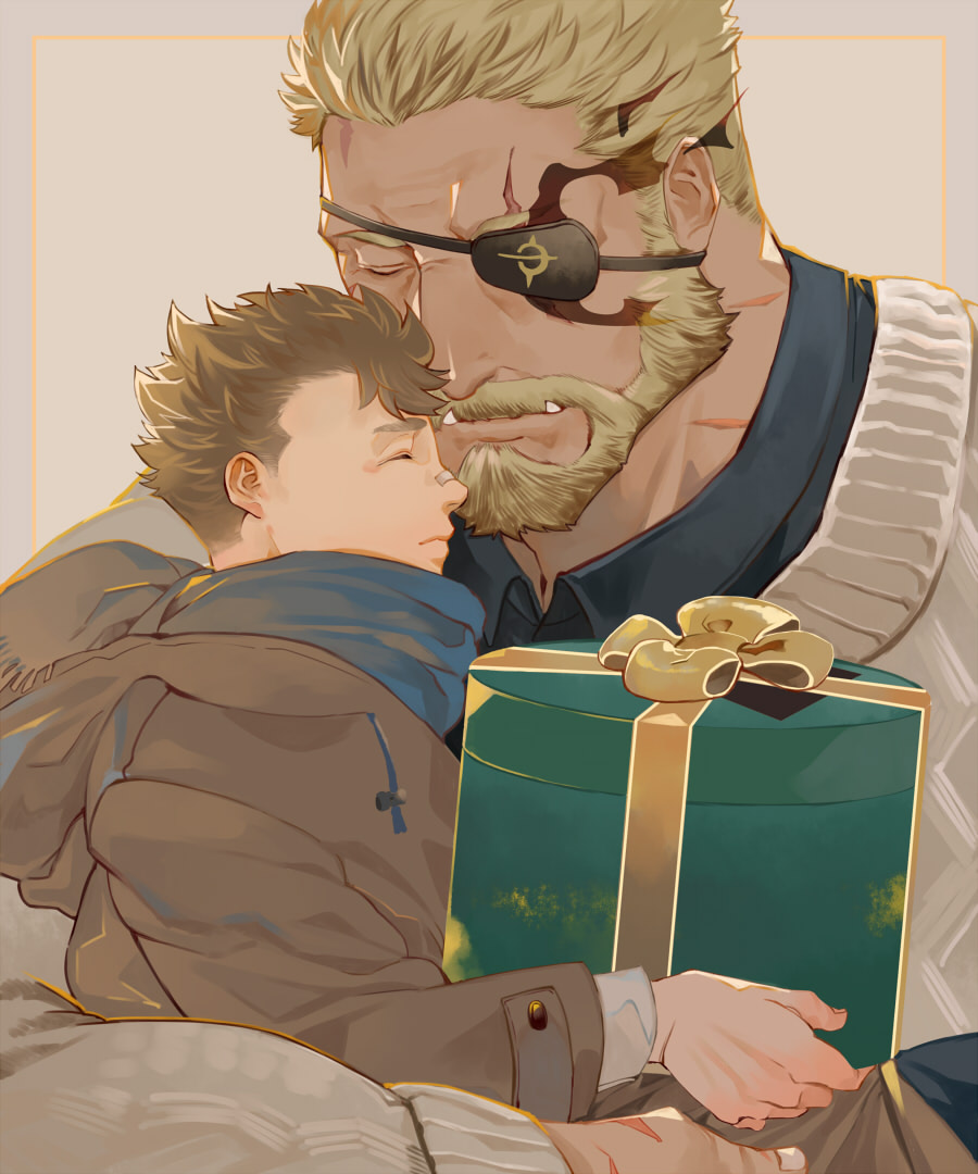 2boys, alternate_costume, balor_(housamo), bara, black_hair, blonde_hair, brown_hair, close-up