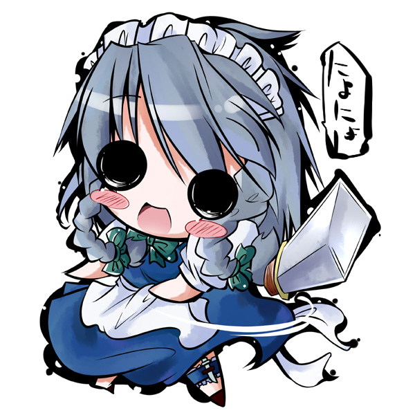 1girl, apron, blush_stickers, braid, chibi, female_focus, izayoi_sakuya, knife, maid, maid_apron, maid_headdress, shin_no, solo, throwing_knife, touhou, translation_request, twin_braids, weapon, yamaguchi_shinnosuke