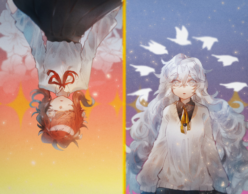 2girls, bird, black_shirt, black_skirt, charlotte_wiltshire, closed_eyes, curly_hair, feruca