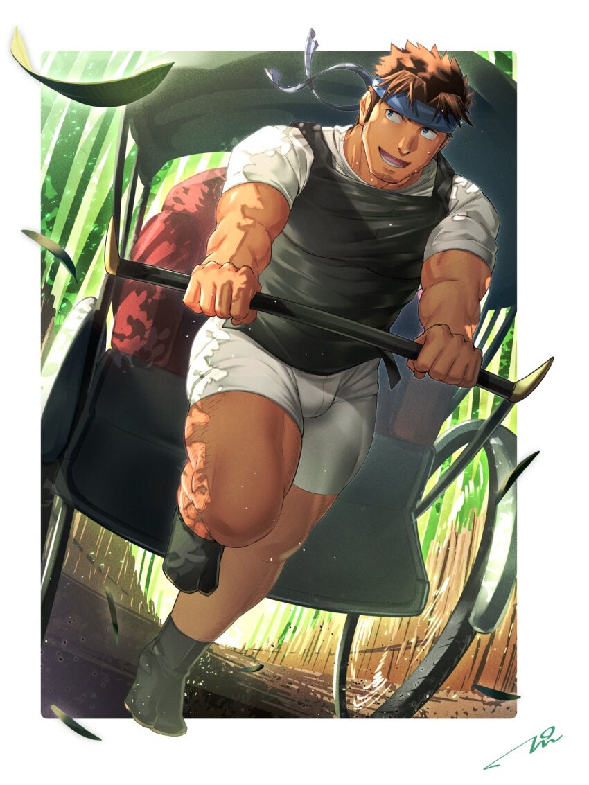 1boy, apron, bamboo, bamboo_forest, bara, black_apron, bulge, facial_hair