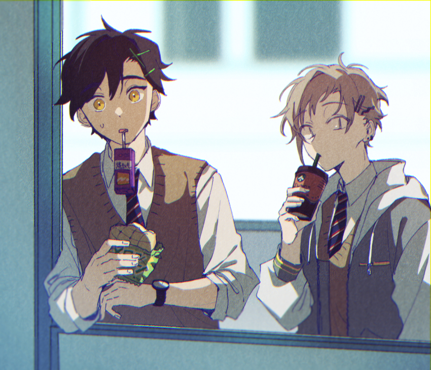 2boys, alternate_costume, black_hair, blonde_hair, bread, brown_sweater_vest, carton, collared_shirt