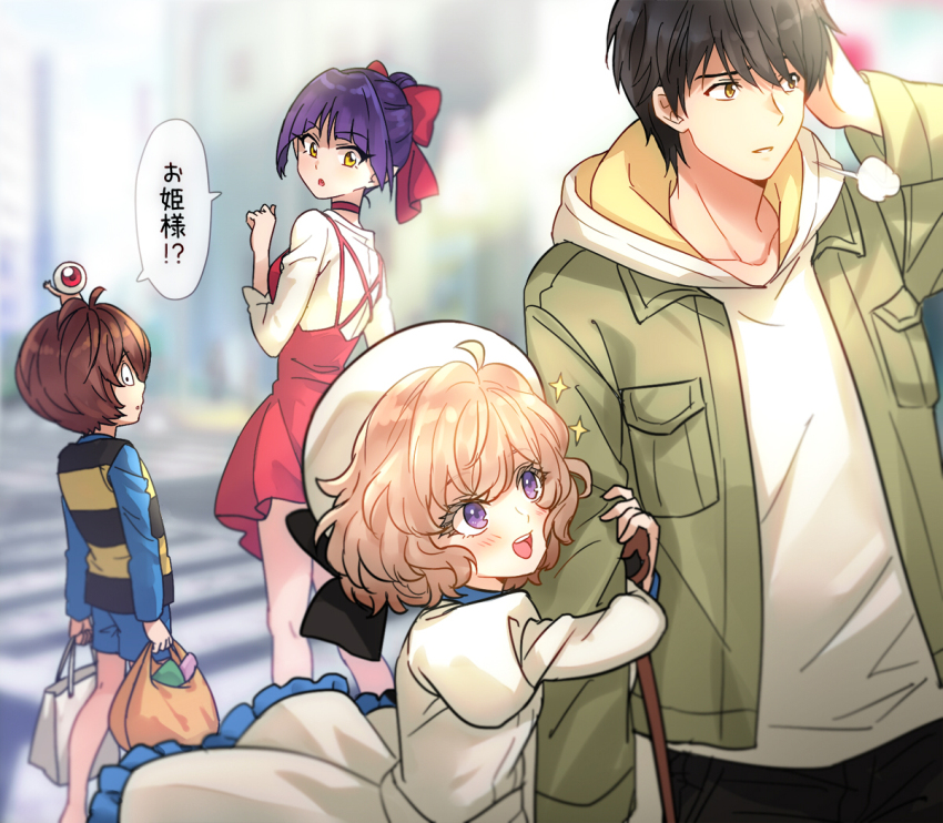 2girls, 3boys, bag, black_bow, blue_shorts, blurry, blurry_background, bow