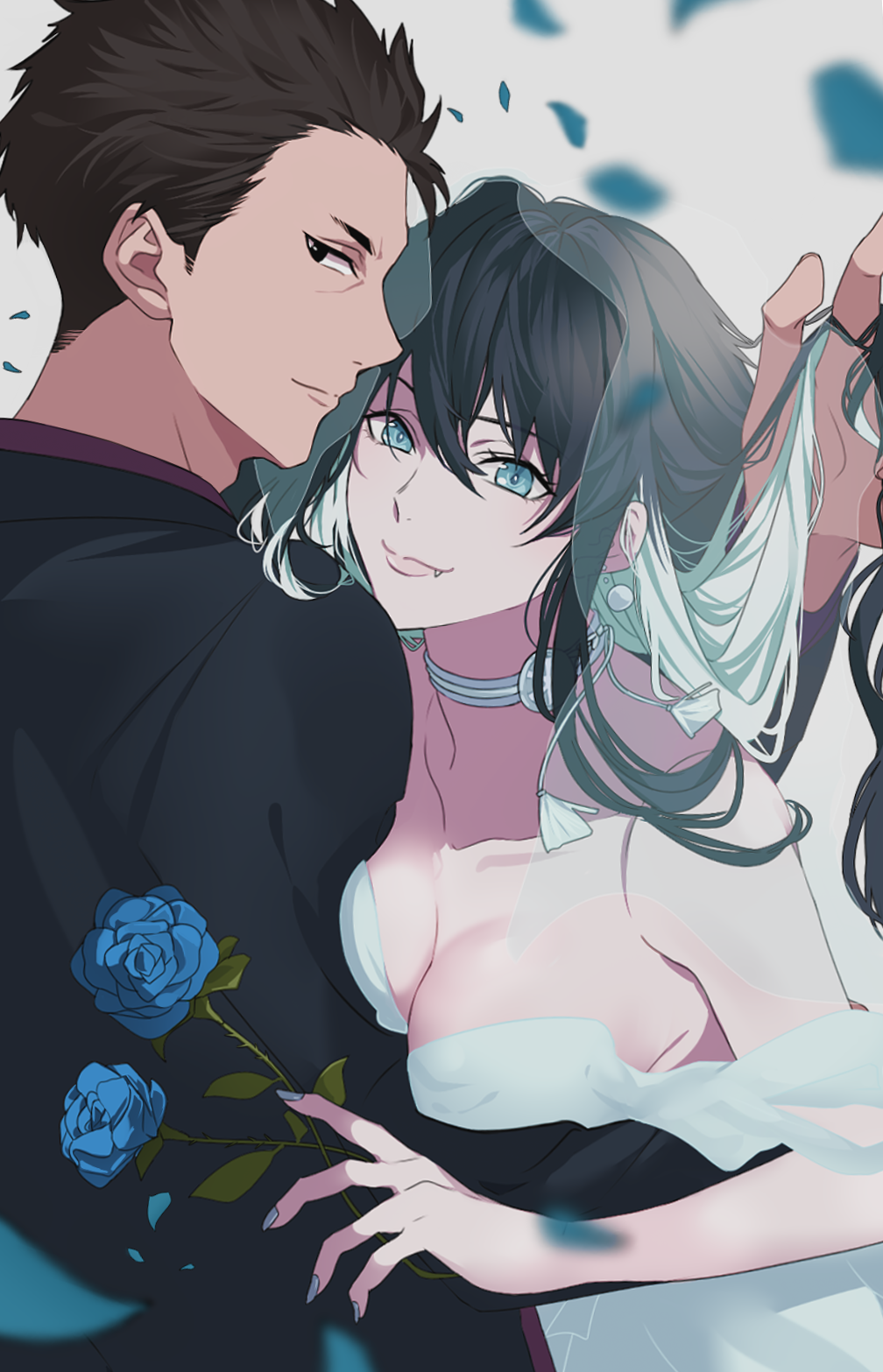 1boy, 1girl, bare_shoulders, black_eyes, black_hair, black_kimono, blue_eyes, blue_flower, blue_rose, breasts, brown_hair, choker, cleavage, dress, earrings, fang, flower, hand_in_another's_hair, hetero, highres, holding, holding_flower, japanese_clothes, jewelry, kimono, kyokou_suiri, looking_back, medium_breasts, multicolored_hair, muroi_masayuki, petals, rose, two-tone_hair, white_background, white_dress, white_hair, yuki-onna_(kyokou_suiri), yuki_onna, zingai_sanx