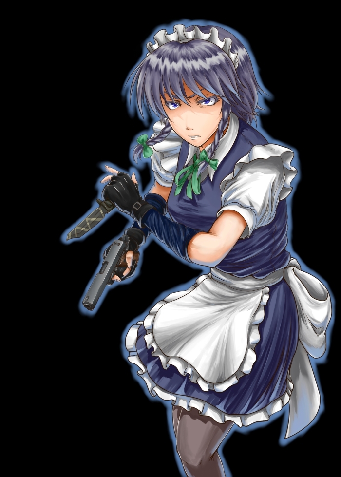 1girl, age-zero, apron, asymmetrical_dual_wielding, braid, close-quarters_combat, combat_maid, dual_wielding