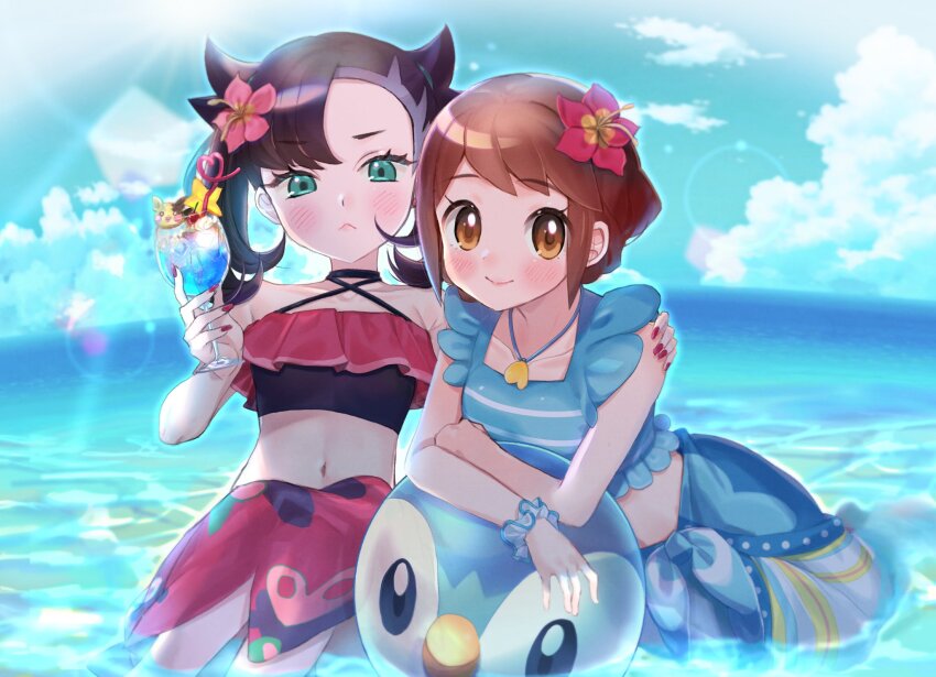 2girls, abe_(kumayu), ball, beachball, blue_sarong, blue_shirt, blush, brown_eyes