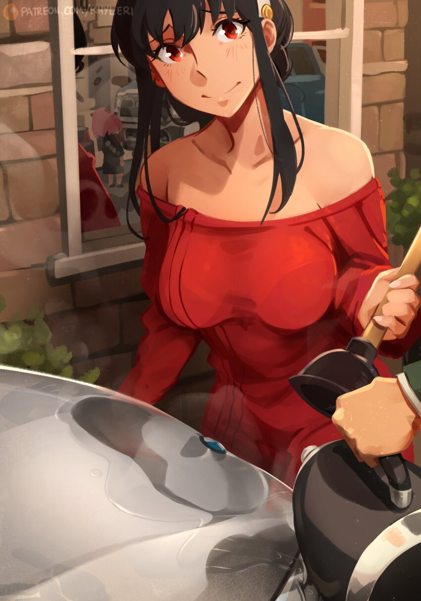 1boy, 2girls, absurdres, anya_(spy_x_family), black_dress, black_hair, bond_(spy_x_family), breasts, brick, car, commentary, dog, dress, english_commentary, father_and_child, father_and_daughter, hairband, highres, holding, holding_kettle, holding_plunger, kettle, khyle., medium_breasts, mother_and_child, mother_and_daughter, motor_vehicle, multiple_girls, off-shoulder_sweater, off_shoulder, parent_and_child, pink_hair, plunger, red_eyes, red_sweater, reflection, spy_x_family, sweater, twilight_(spy_x_family), water, watermark, web_address, white_hairband, window, yor_briar