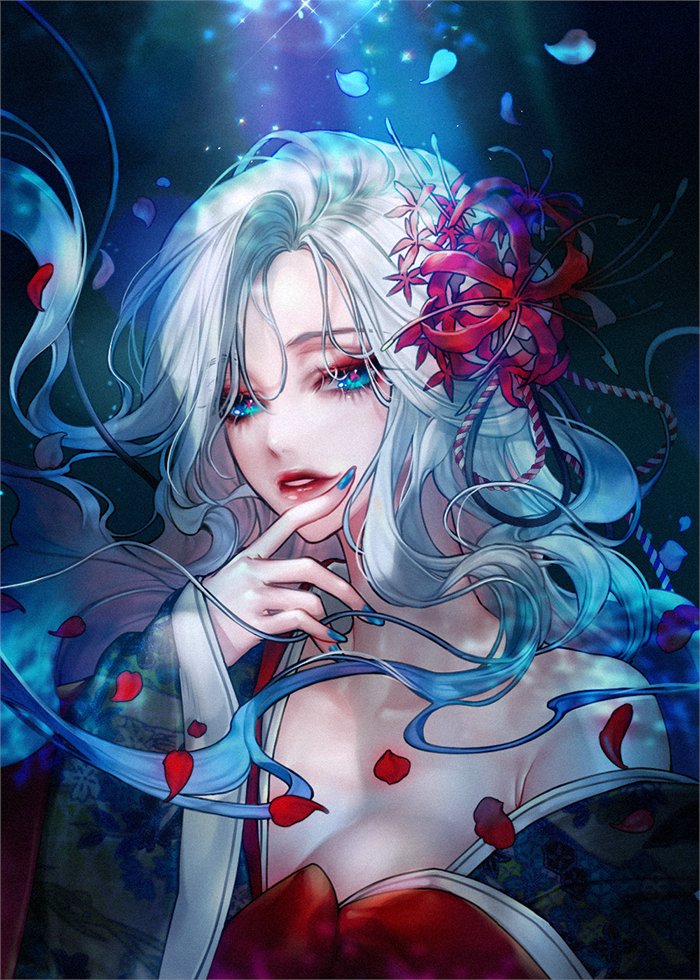 1girl, blue_eyes, blue_nails, breasts, bumyong, cleavage, commentary, english_commentary