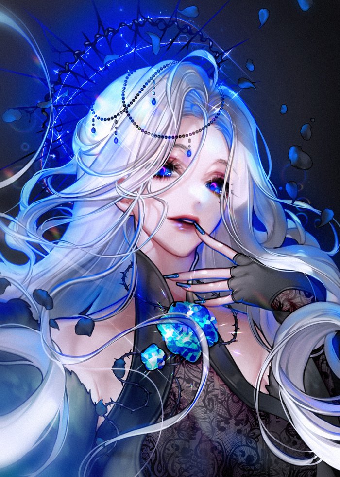 1girl, bare_shoulders, black_dress, black_gloves, blue_eyes, blue_nails, bumyong, commentary