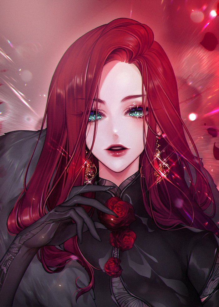 1girl, aqua_eyes, black_dress, black_gloves, bumyong, commentary, dress, dress_flower, earrings, elbow_gloves, english_commentary, flower, glint, gloves, jewelry, long_hair, looking_at_viewer, open_mouth, original, petals, portrait, red_flower, red_hair, red_lips, red_rose, rose, simple_background, solo, teeth, upper_teeth_only