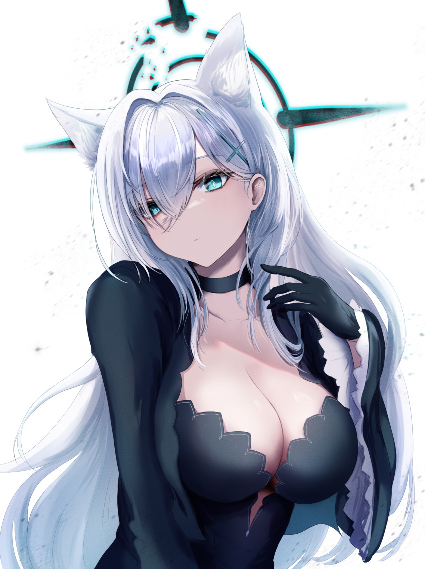 1girl, animal_ear_fluff, animal_ears, aqua_eyes, black_choker, black_gloves, blue_archive, breasts, choker, cleavage, closed_mouth, collarbone, extra_ears, furido_(frifridress), gloves, grey_hair, hair_over_one_eye, halo, head_tilt, highres, large_breasts, long_hair, long_sleeves, looking_at_viewer, mismatched_pupils, shiroko_terror_(blue_archive), simple_background, solo, upper_body, very_long_hair, white_background, wide_sleeves, wolf_ears