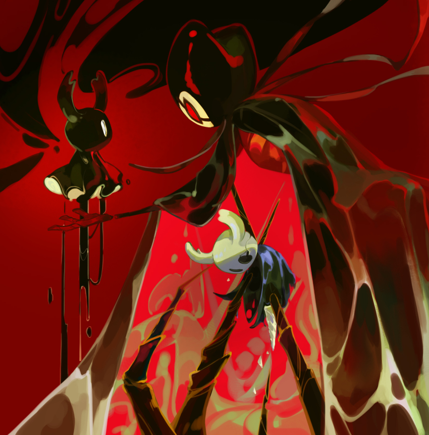 1boy, 1other, after_battle, blankowalski, bug, cape, cloak, crack