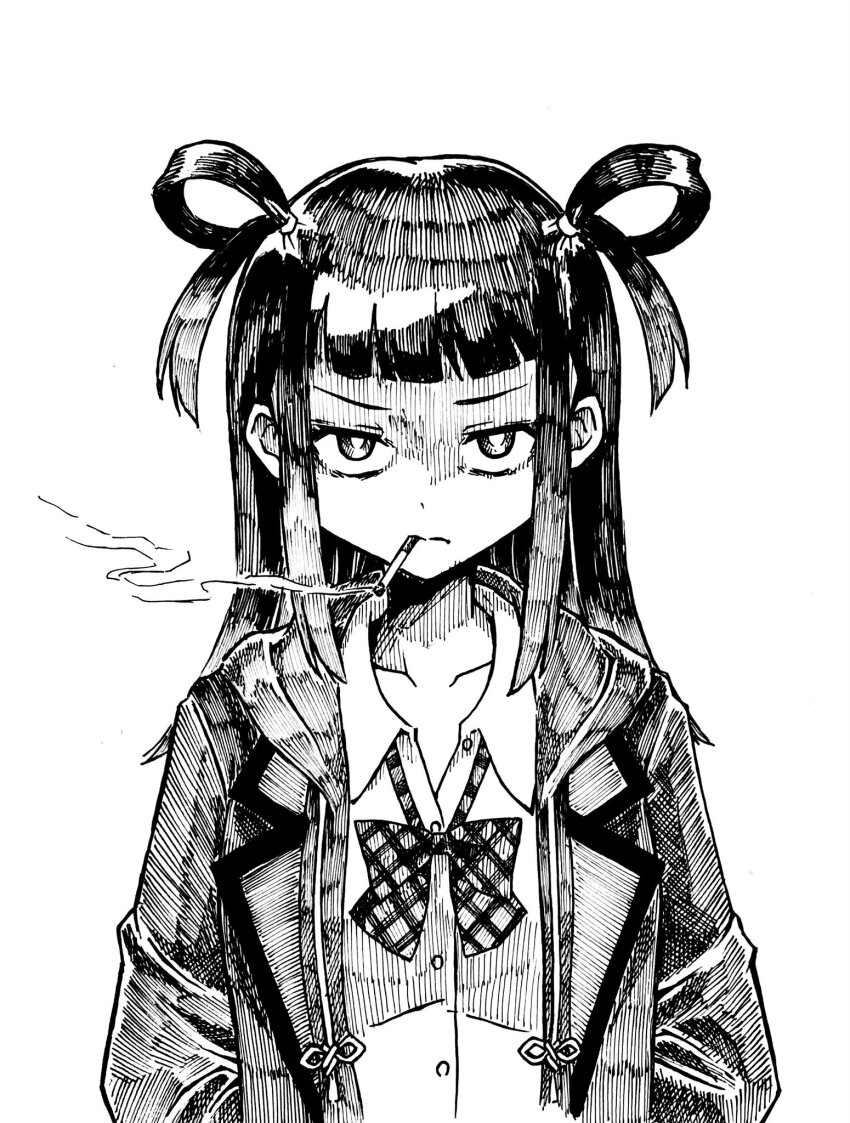 >:(, 1girl, blunt_bangs, bow, bowtie, buttons, cigarette, collared_shirt, dot_nose, drawstring, expression_request, frown, hair_rings, hands_in_pockets, harumayago, hatching_(texture), highres, hood, hood_down, hoodie, lapels, long_sleeves, looking_at_viewer, loose_bowtie, magia_record:_mahou_shoujo_madoka_magica_gaiden, mahou_shoujo_madoka_magica, medium_hair, ooba_juri, open_collar, ryuugasaki_academy_school_uniform, school_uniform, shaded_face, shirt, short_bangs, sidelocks, simple_background, smoking, solo, straight-on, upper_body, v-shaped_eyebrows, white_background