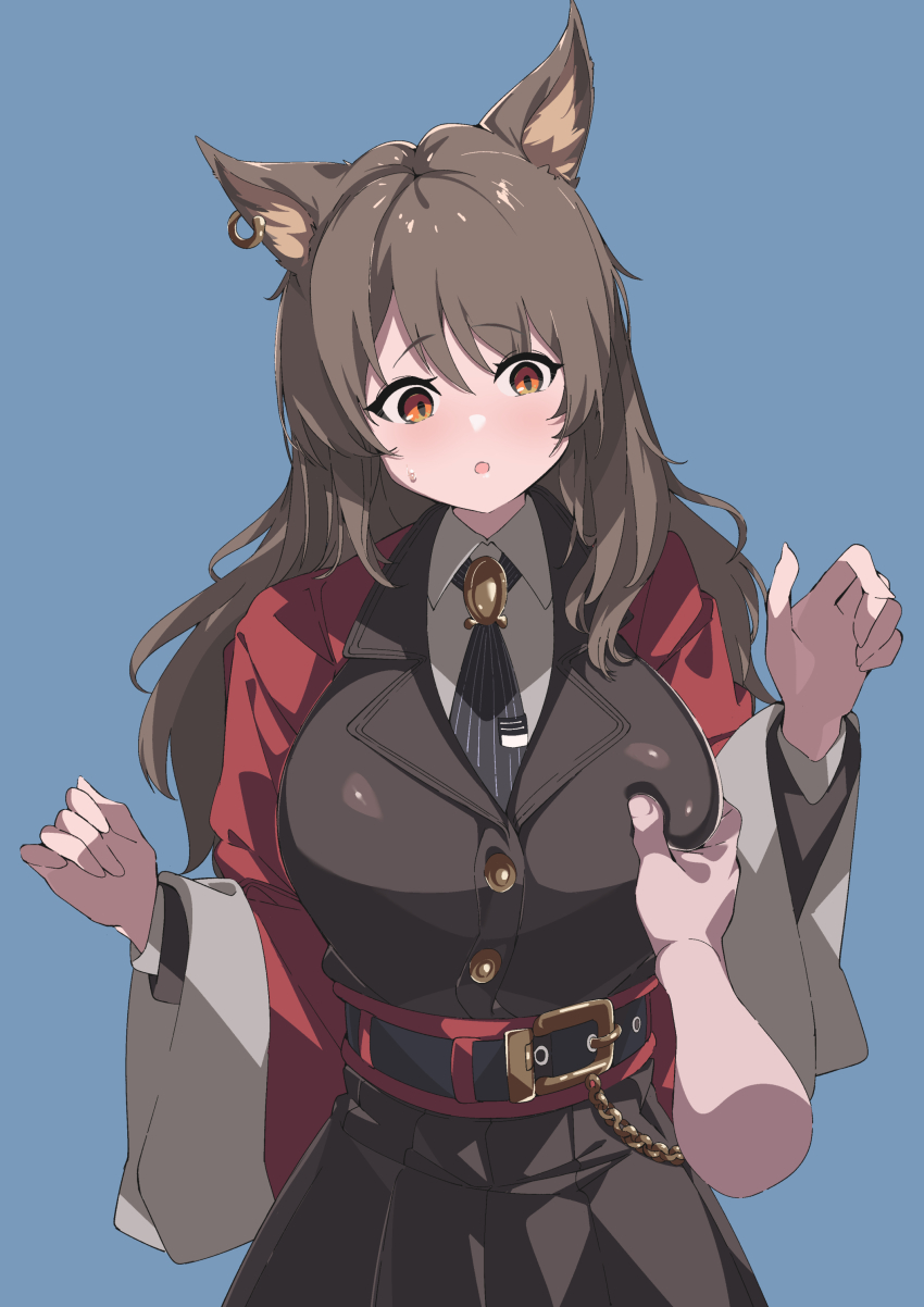 1girl, 1other, :o, absurdres, animal_ear_fluff, animal_ears, arknights, belt