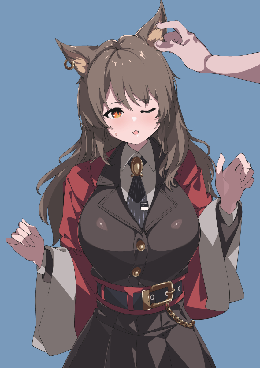 1girl, 1other, :3, absurdres, animal_ear_fluff, animal_ears, arknights, belt