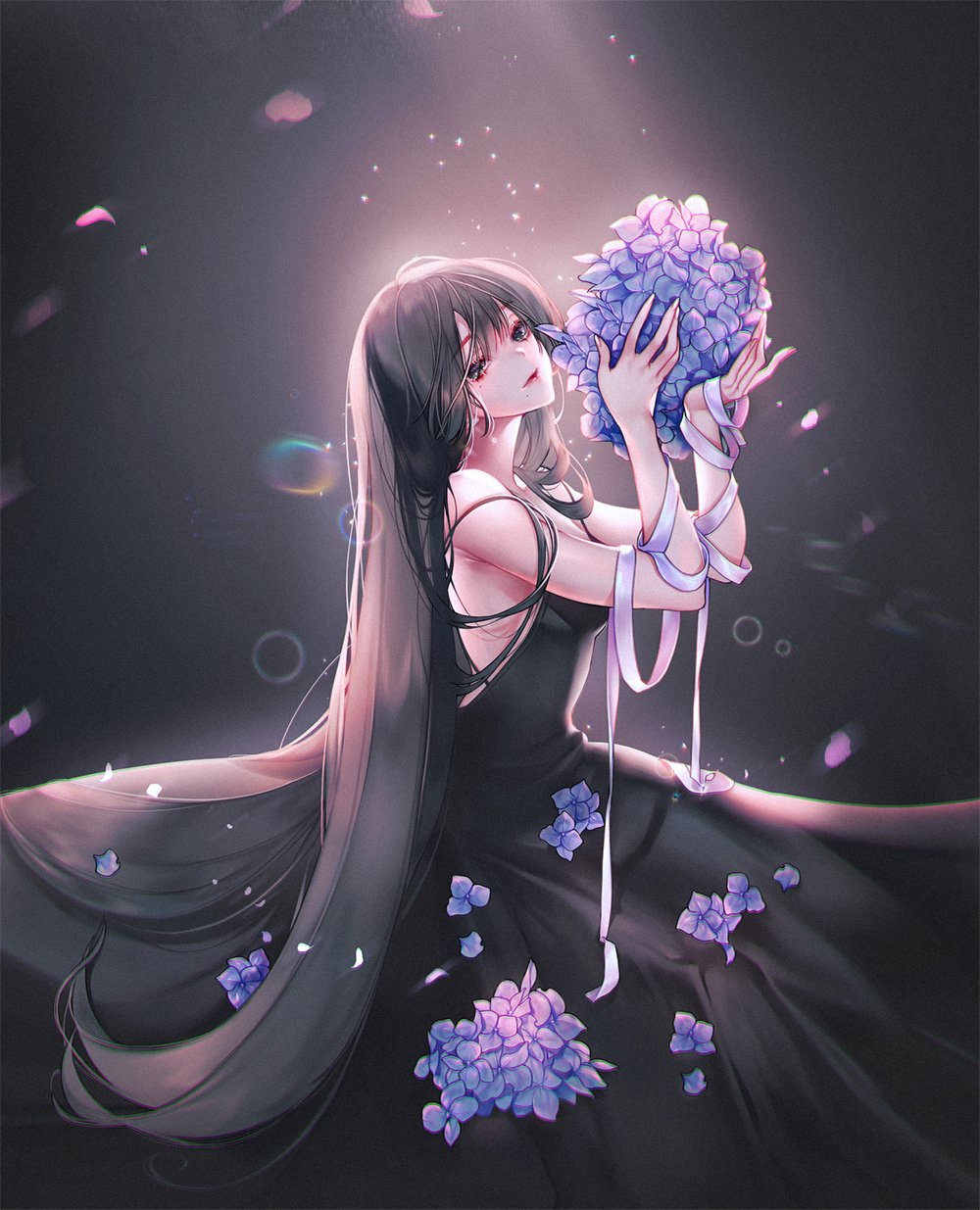 1girl, backlighting, bare_shoulders, black_dress, black_eyes, black_hair, bumyong, dark_background