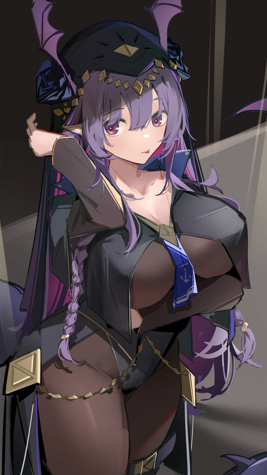 1girl, :p, absurdres, arknights, arm_under_breasts, arm_up, black_flower, black_leotard