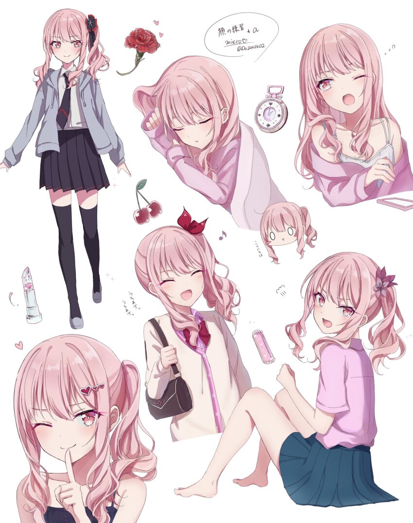 1other, akiyama_mizuki, androgynous, bare_shoulders, black_necktie, black_skirt, black_thighhighs, cardigan