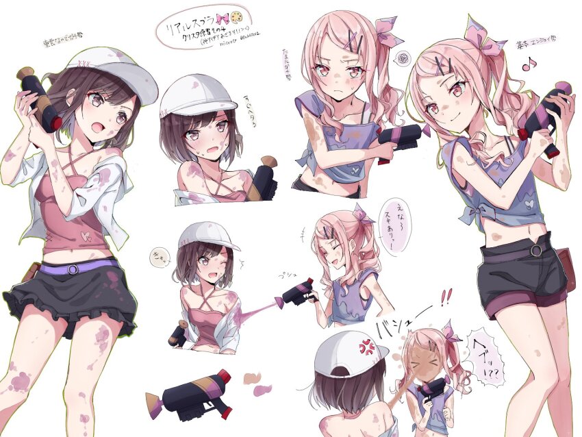 1girl, 1other, akiyama_mizuki, androgynous, bare_shoulders, black_shorts, black_skirt, bow