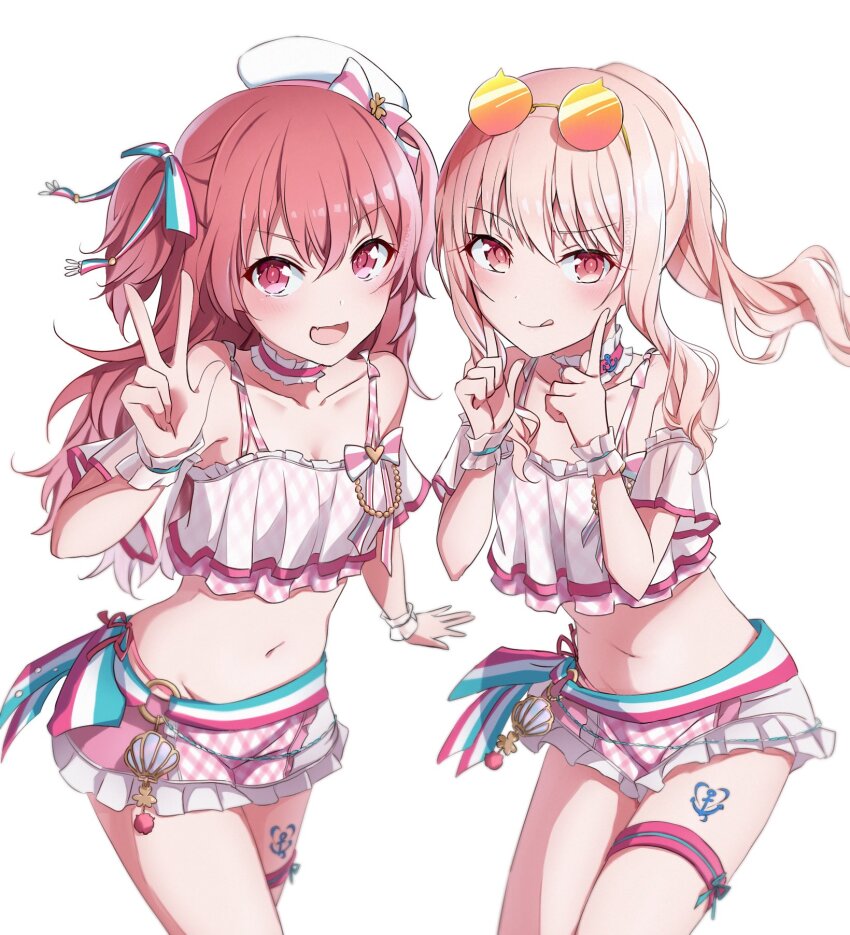 1girl, 1other, :p, akiyama_mizuki, androgynous, bare_shoulders, beret, do_while02, drill_hair, eyewear_on_head, frilled_shorts, frills, hat, highres, long_hair, looking_at_viewer, momoi_airi, pink_eyes, pink_hair, project_sekai, round_eyewear, shorts, side_drill, sparkle_hair_ornament, tinted_eyewear, tongue, tongue_out, two-tone_bow, two_side_up, v, white_headwear