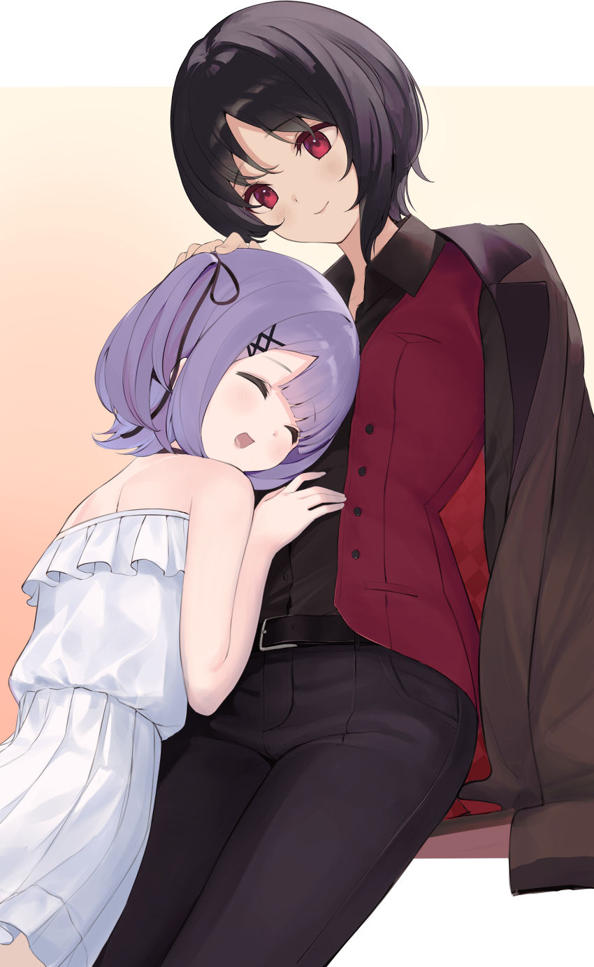 2girls, absurdres, age_difference, bare_shoulders, belt, black_belt, black_hair, black_pants, black_ribbon, black_shirt, blunt_bangs, brown_jacket, child, closed_eyes, closed_mouth, collared_shirt, dress, dress_shirt, formal_clothes, hair_ornament, hair_ribbon, hand_on_another's_head, happy, height_difference, highres, jacket, jacket_on_shoulders, kisaragi_ren_(3rd_costume)_(vspo!), kisaragi_ren_(vspo!), long_sleeves, looking_at_another, multiple_girls, nametarou_(meron), off-shoulder_dress, off_shoulder, onee-loli, pants, parted_bangs, pleated_dress, purple_hair, red_eyes, red_vest, ribbon, shinomiya_runa, shinomiya_runa_(1st_costume), shirt, short_hair, smile, suit, two_side_up, vest, virtual_youtuber, vspo!, white_dress, wing_collar, x_hair_ornament, yuri