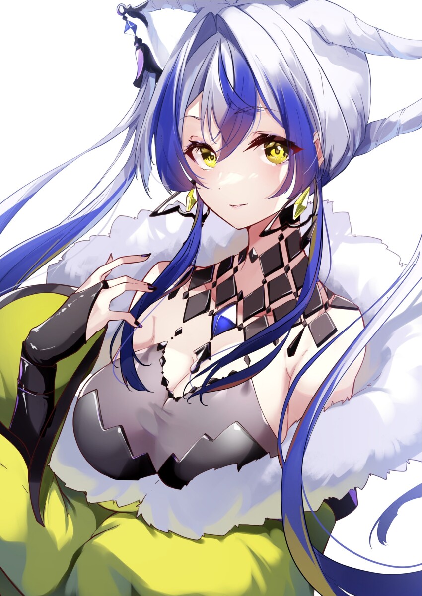 1girl, absurdres, black_nails, blue_hair, breasts, bridal_gauntlets, cleavage, fur_trim