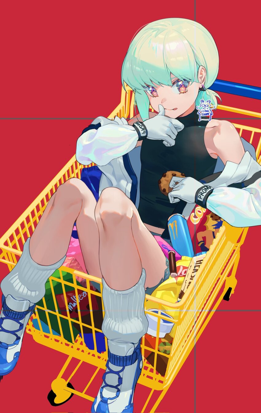 1boy, :p, alternate_costume, androgynous, bare_shoulders, blonde_hair, cookie, crossdressing, crossdressing_(mtf), energy_drink, food, gloves, green_hair, highres, lay's_(potato_chips), lio_fotia, long_sleeves, looking_at_viewer, male_focus, medium_hair, midriff_peek, monster_energy, off_shoulder, paldu, pink_eyes, promare, shirt, sitting, sleeveless, sleeveless_shirt, tongue, tongue_out, trap, white_gloves
